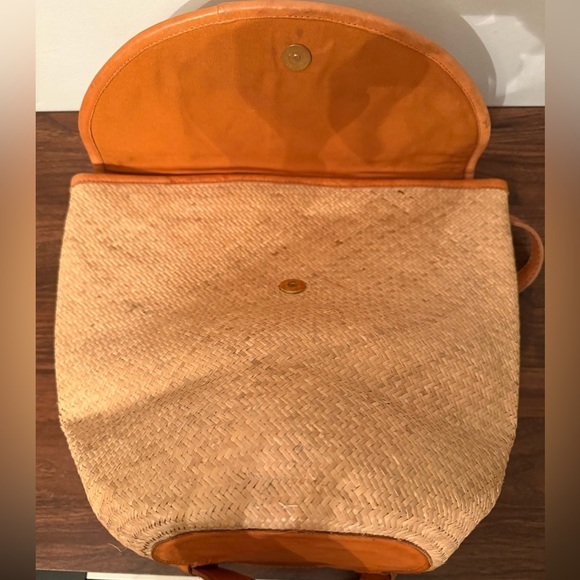Street Level Shoulder Bag Backpack Raffia Tan Genuine Leather Boho Beach - Picture 8 of 15